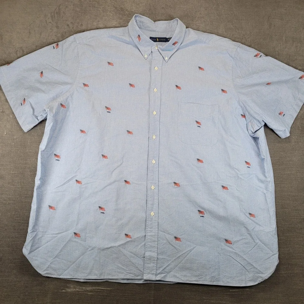 Ralph Lauren Y2K Button Down Shirt Mens 4XB Blue American Flag Oxford